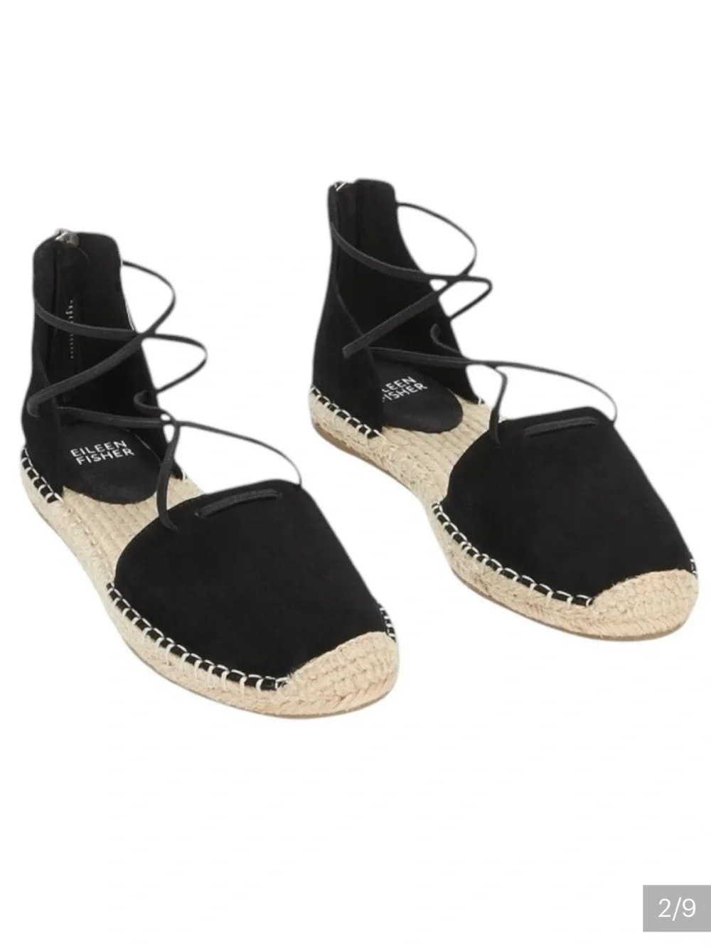 Eileen Fisher Black Nubuck Leather Espadrille Flats 9 Ankle-Wrap Lace Casual NEW